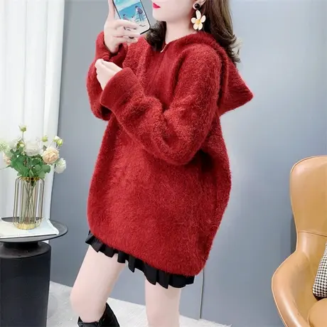 半拉链连帽套头毛衣女秋冬2024新款宽松显瘦加厚百搭针织外套上衣商品大图