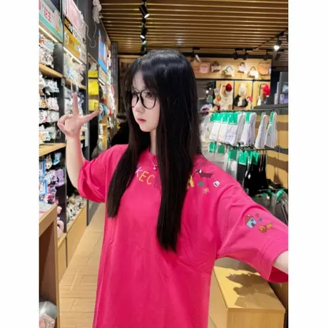 玫红色纯棉短袖t恤女2025新款夏季多巴胺宽松设计感小众半袖上衣图片