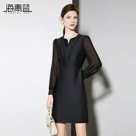 海青蓝 长袖连衣裙秋冬女2025新款纯色女装高级时尚气质中长款裙图片