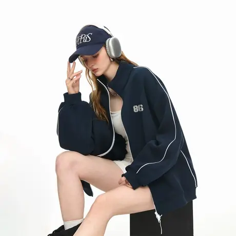 美式复古拼接拉链开衫立领卫衣女春秋新款运动休闲情侣款外套上衣商品大图