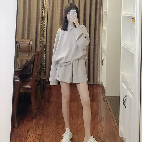 华夫格短裤长袖上衣两件套女夏季宽松bf原宿风运动休闲时尚套装潮商品大图