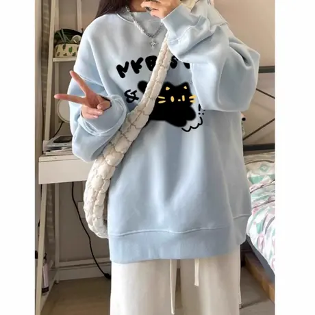奶fufu圆领加绒卫衣女秋冬小众设计感宽松慵懒风oversize无帽上衣商品大图