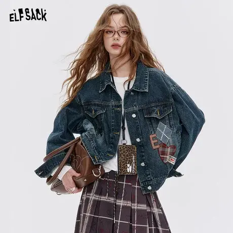 妖精的口袋复古深色牛仔外套女2025年秋季新款短款小个子休闲上衣商品大图