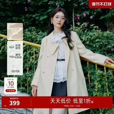 秋水伊人温柔叠领外套2026年春季新款女简约大翻领显瘦双排扣风衣商品大图