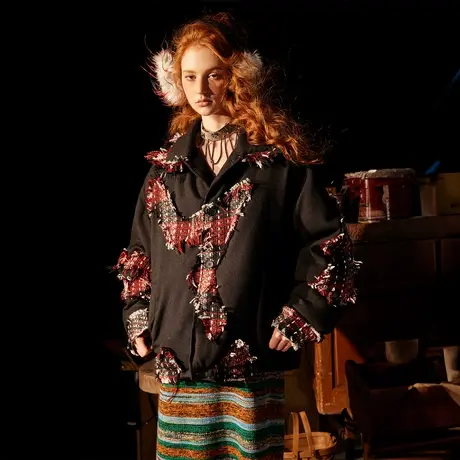 黑色贴补印花设计感棉服女冬季夹棉外套2023新款潮牌复古宽松棉衣商品大图