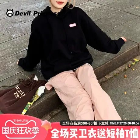 chic甜系学院风减龄黑色卫衣女宽松韩版休闲简约秋季薄款帽衫上衣商品大图