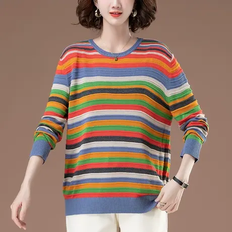 条纹针织打底衫长袖女春秋季宽松加肥加大码女装中年妈妈薄款毛衣商品大图