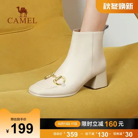 骆驼女鞋2023年冬季真皮马衔扣粗跟弹力瘦瘦靴女短靴14033659图片