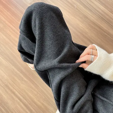 黑色羊绒小直筒休闲裤女松紧高腰秋冬季新款加厚小个子毛呢哈伦裤商品大图