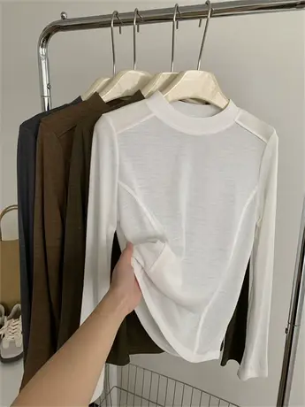 拼接圆领微透长袖T恤女温柔百搭软糯内搭打底衫秋冬宽松百搭上衣商品大图