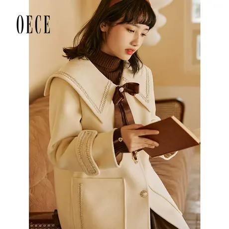 【买1送1】Oece复古毛呢外套冬新款女气质减龄海军领呢大衣商品大图