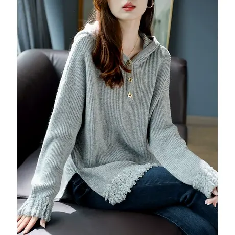 宝诗黎侧开叉连帽韩系慵懒风针织衫女2023秋冬新款宽松绵羊毛毛衣商品大图