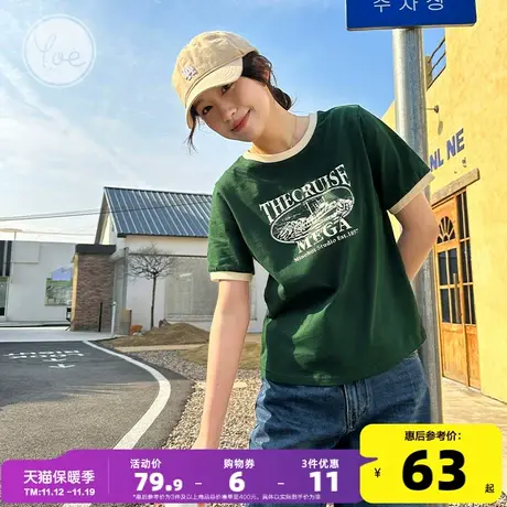 yoe23夏装墨绿色纯棉显瘦小个子美式复古女装撞色短袖t恤女上衣商品大图