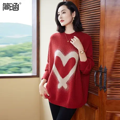 简涵2023新款胖mm秋冬大码半高领本命年龙年红色毛衣女宽松打底衫商品大图