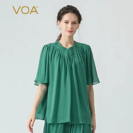 VOA乔其纱桑蚕丝灰绿色塔克褶领荷叶边五分袖宽松双层真丝T恤图片