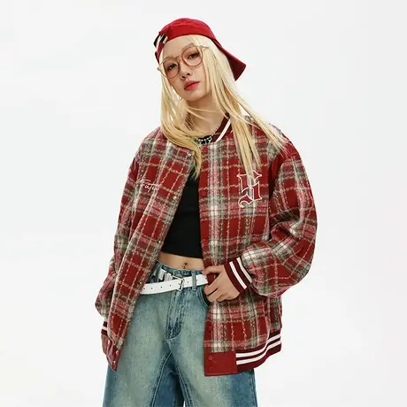 美式风街头棒球服女春秋2023新款复古红格子外套ins潮牌宽松夹克商品大图