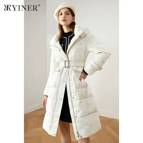 YINER音儿奥莱女装冬季长款绣花系带连帽羽绒服商品大图