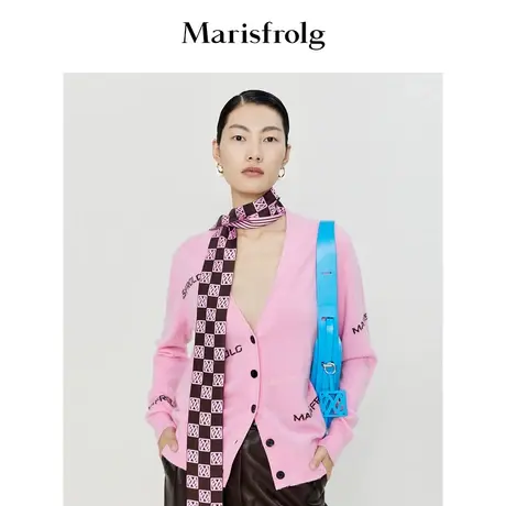 【轻密针织】玛丝菲尔时尚气质V领撞色logo提花修身针织开衫女商品大图