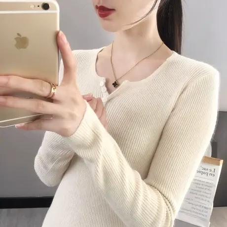 5373新款韩版宽松V领长袖针织衫内搭毛衣女士打底衫百搭上衣商品大图