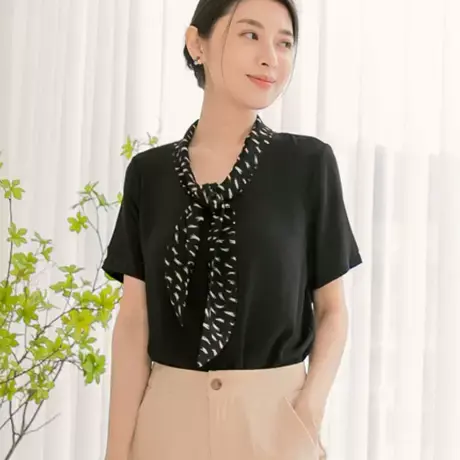 桔熊夏季通勤优雅印花飘带拼接V领雪纺衫短袖上衣女装大码AB17010商品大图