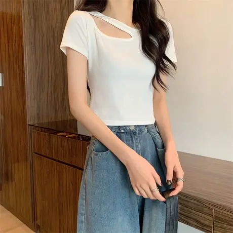 白色镂空正肩短袖t恤女设计感小众纯欲辣妹修身高腰短款上衣夏季商品大图