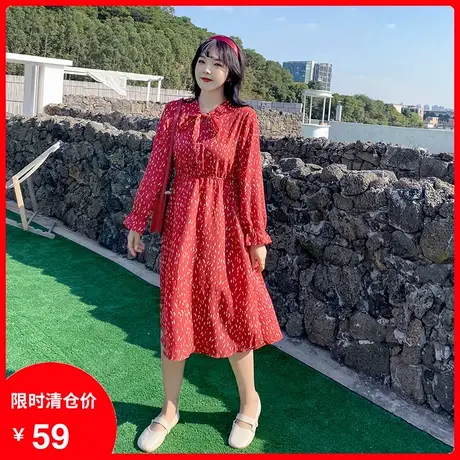 2024秋装新款大码胖MM显瘦红色碎花连衣裙雪纺荷叶长袖过膝中长款图片