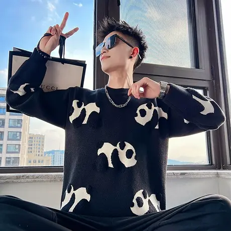 毛衣男秋冬潮牌个性立体熊猫提花设计感青少年加厚打底针织衫上衣商品大图