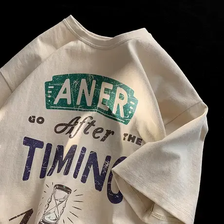 美式做旧字母夏季潮牌圆领印花短袖重磅纯棉落肩宽松男女T恤上衣商品大图