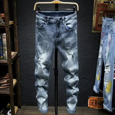 夏季新款浅色牛仔裤男韩版复古潮流破洞牛子男青年直筒宽松小脚潮商品大图