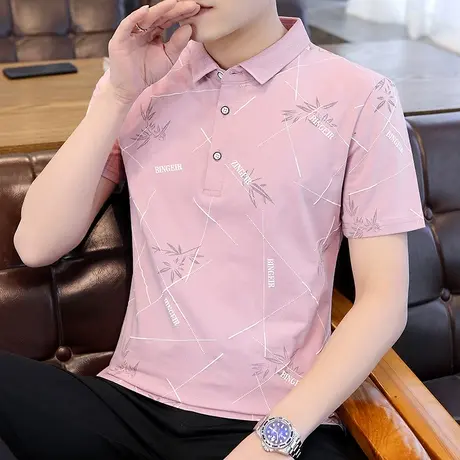 2023休闲男衬衫领polo衫青年潮夏季翻领短袖t恤男士新款修身汗衫商品大图