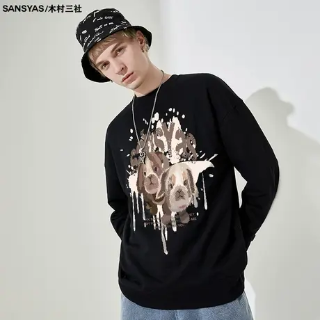 木村三社SANSYAS 长毛兔印花秋季外套卫衣男宽松长袖t恤高街上衣商品大图