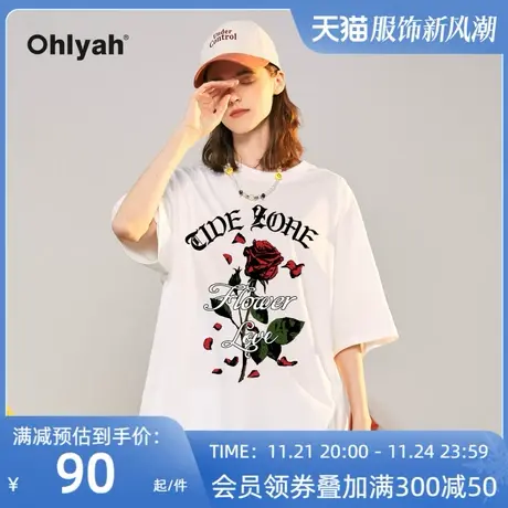 Ohlyah落叶红玫瑰印花短袖t恤男女无性别原创国潮夏新款大码全棉商品大图