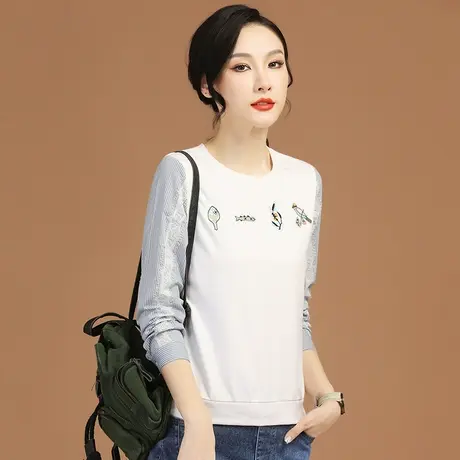 韩潮袭人圆领蕾丝条纹卫衣女2024春季新款刺绣拼接长袖T恤上衣薄图片