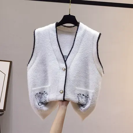 水貂绒针织马甲背心外穿2024年春季新款V领小香风女开衫毛衣外套商品大图