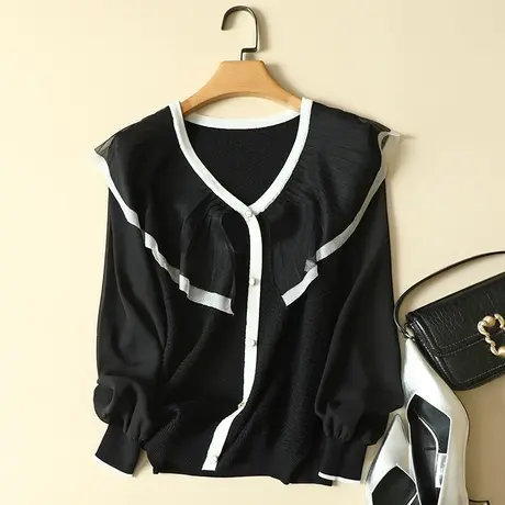 春装2024年新款雪纺袖冰丝针织假开衫女宽松上衣洋气蕾丝打底衫女图片