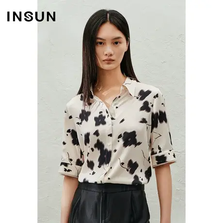 INSUN恩裳线上专选夏季珍珠缎桑蚕丝印花弹力衬衫商品大图