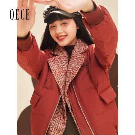 Oece冬新款女复古小香风织花呢假两件短款羽绒服外套商品大图