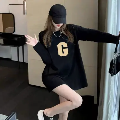 2023年纯棉宽松卫衣内搭打底衫女中长款长袖t恤秋冬冬遮臀上衣t桖商品大图