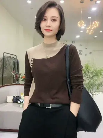 撞色拼接四粒扣小立领绒衫卫衣体恤女秋冬款修身显瘦打底衫上衣潮商品大图