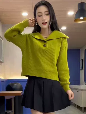 复古慵懒风大翻领套头毛衣女2023秋季新款小众设计感宽松针织上衣图片