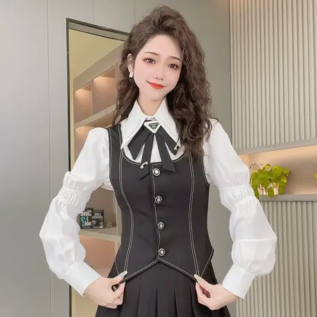 法式小香风黑色马甲春秋女款复古小个子修身显瘦上衣圆领外穿背心商品大图