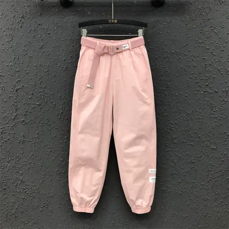 粉色美式工装裤宽松休闲裤春夏新款欧货个性贴标薄款舒适哈伦裤女图片