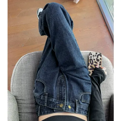 深蓝色高腰阔腿牛仔裤2023年新款女复古直筒小个子设计感宽松显瘦图片