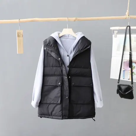 休闲大口袋羽绒棉棉马甲女式中长款加厚保暖秋冬季无袖棉衣马夹女图片