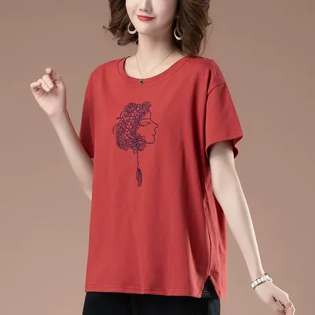 短袖t恤女夏季加肥加大码女装宽松中年妈妈刺绣遮肚显瘦全棉体恤图片