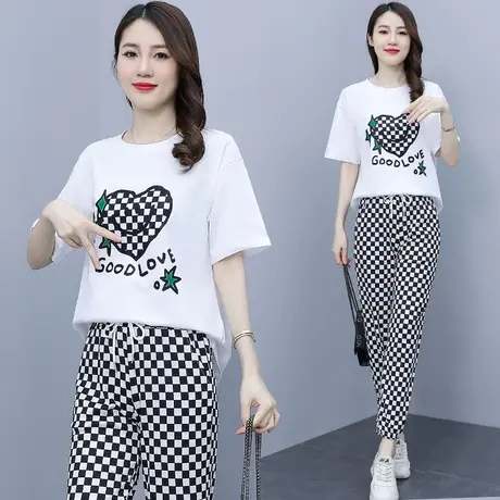 网红炸街纯棉运动服套装女夏季薄款宽松短袖长裤小个子休闲两件套图片