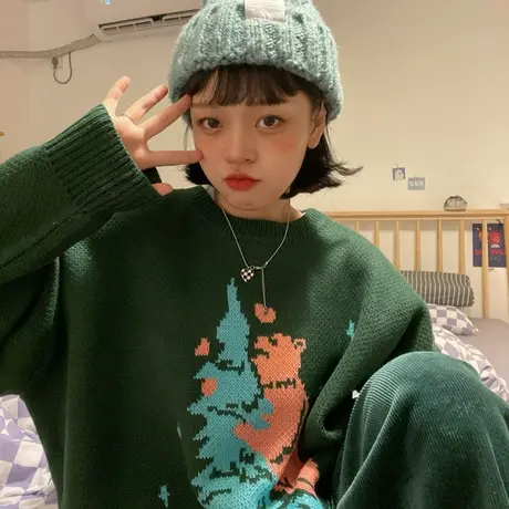 红续卡通复古绿色加厚毛衣女小众设计感慵懒风保暖针织衫冬季新款图片