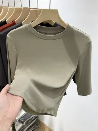 欧货圆领五分袖t恤女2022早秋新款中袖修身短款洋气卡腰小衫上衣商品大图