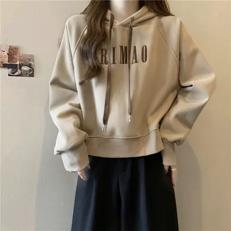 小个子短款插肩袖宽松卫衣女秋冬加绒加厚刺绣长袖上衣外套潮ins图片