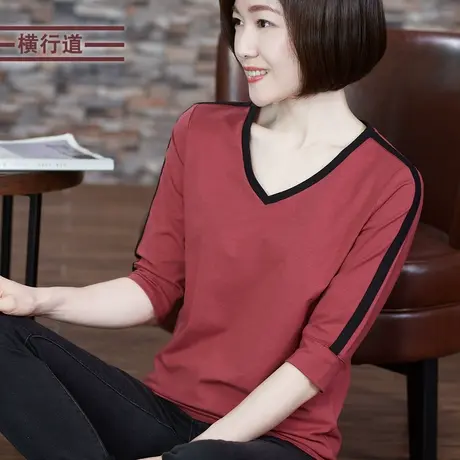 2025春装新款休闲宽松七分袖打底衫撞色V领半截袖上衣T恤体恤小衫商品大图